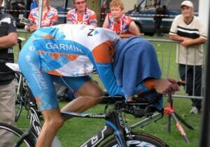 cyclist warming up on the trainer before a race